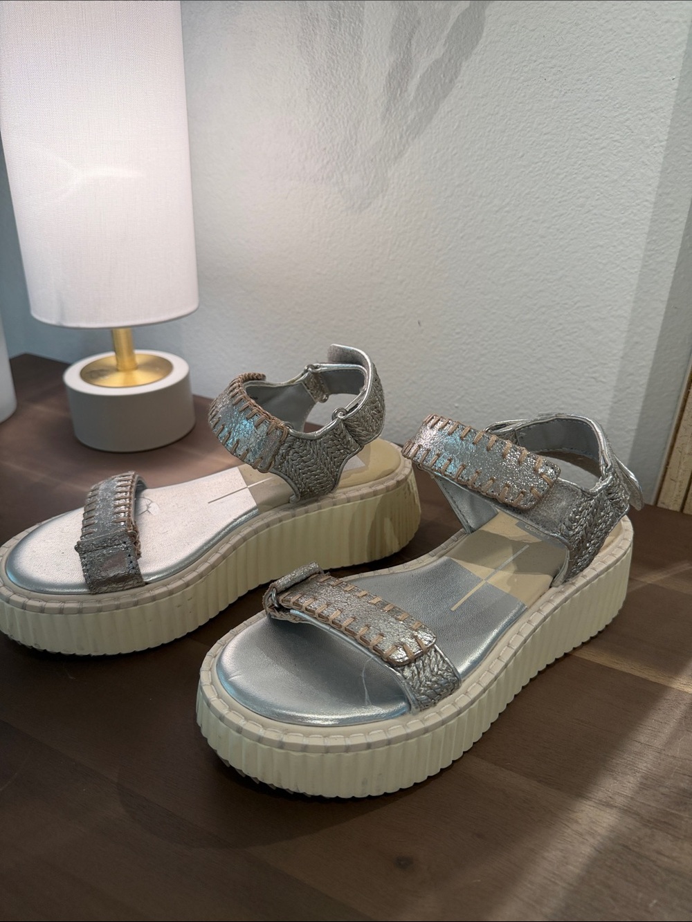 DOLCE VITA Metallic Silver Platform Sandals with Textured Straps Great condition